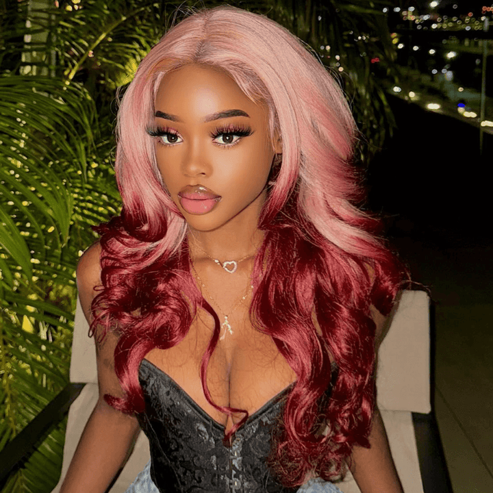 SZC Ombre Peach Pink Burgundy Red Colored Lace Front Human Hair Wigs