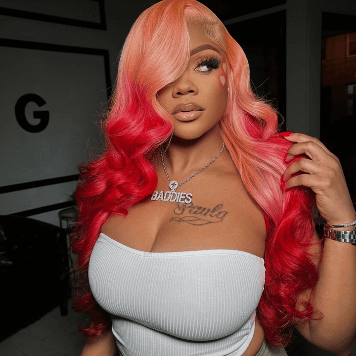 SZC Ombre Peach Pink Red Body Wave 13x4 HD Lace Front Human Hair Wig