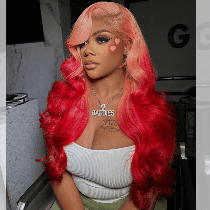 SZC Ombre Peach Pink Red Body Wave 13x4 HD Lace Front Human Hair Wig