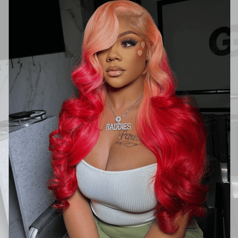 SZC Ombre Peach Pink Red Body Wave 13x4 HD Lace Front Human Hair Wig