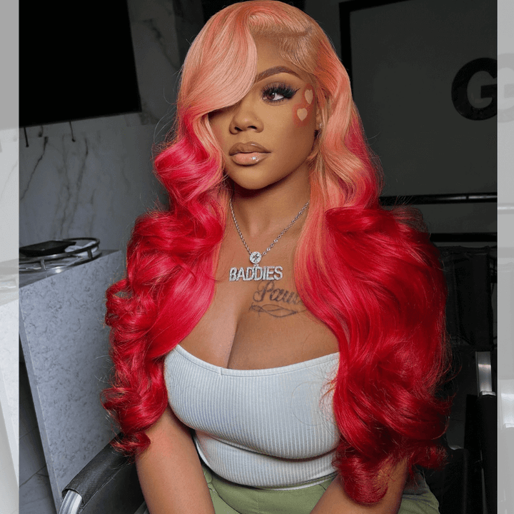 SZC Ombre Peach Pink Red Body Wave 13x4 HD Lace Front Human Hair Wig