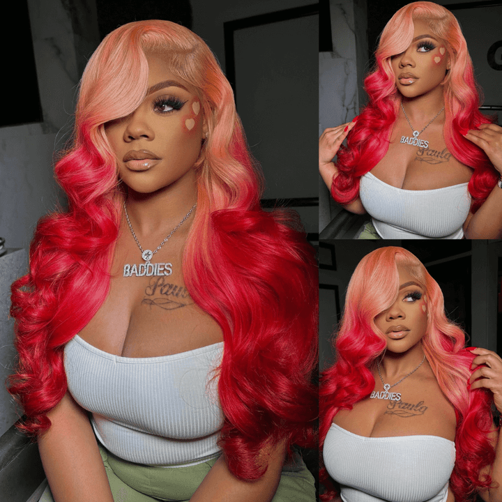 SZC Ombre Peach Pink Red Body Wave 13x4 HD Lace Front Human Hair Wig