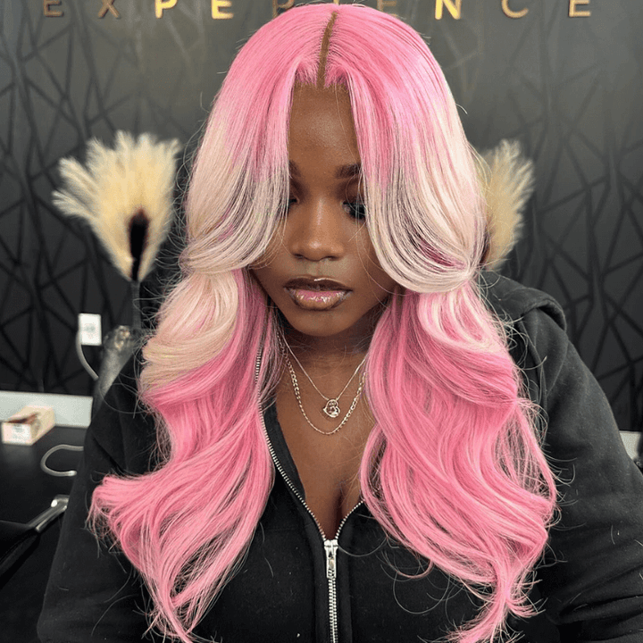 SZC Ombre Pink Blonde Streaks Lace Front Body Wave Virgin Human Hair Wig