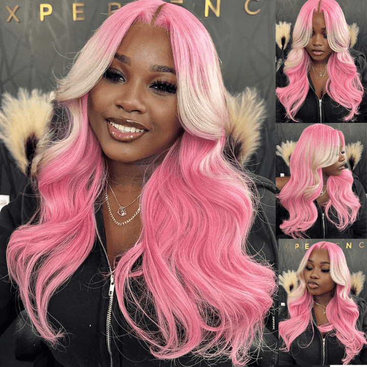 SZC Ombre Pink Blonde Streaks Lace Front Body Wave Virgin Human Hair Wig