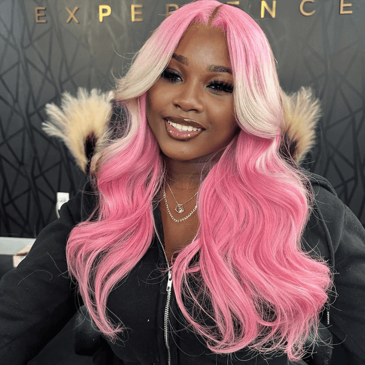 SZC Ombre Pink Blonde Streaks Lace Front Body Wave Virgin Human Hair Wig