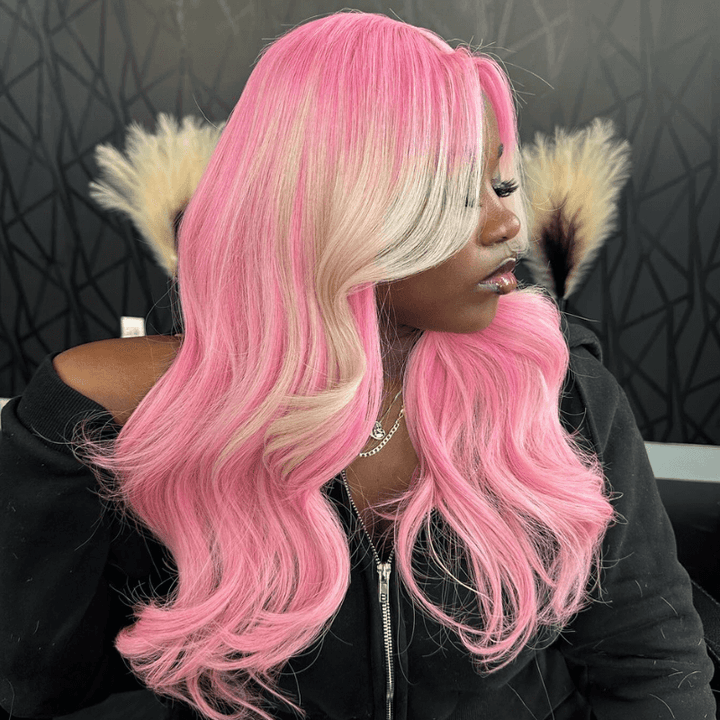 SZC Ombre Pink Blonde Streaks Lace Front Body Wave Virgin Human Hair Wig