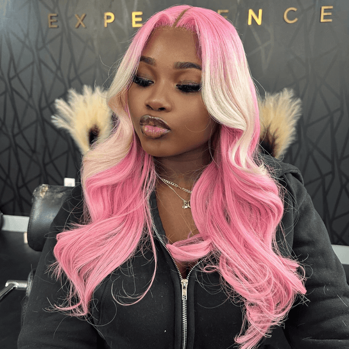 SZC Ombre Pink Blonde Streaks Lace Front Body Wave Virgin Human Hair Wig