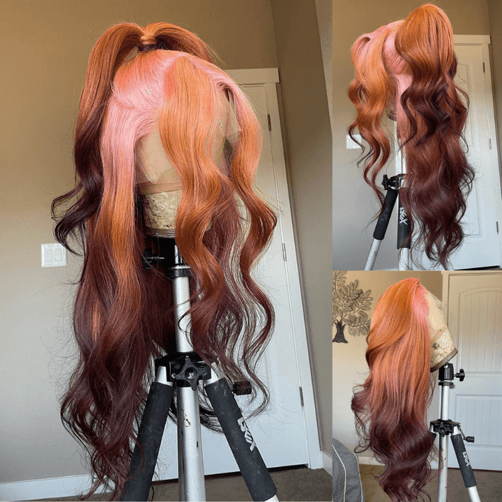 SZC Ombre Pink Ginger Orange Chocolate Brown HD Lace Front Human Hair Wig
