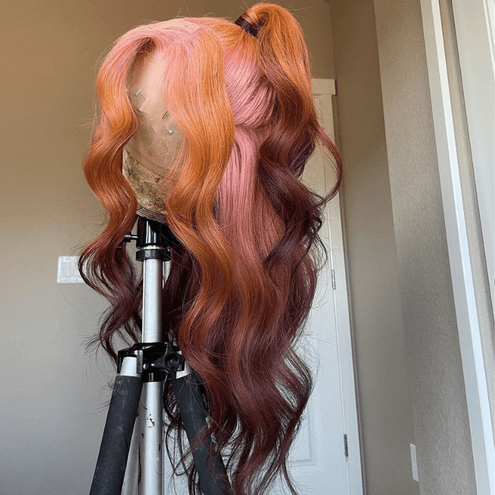 SZC Ombre Pink Ginger Orange Chocolate Brown HD Lace Front Human Hair Wig