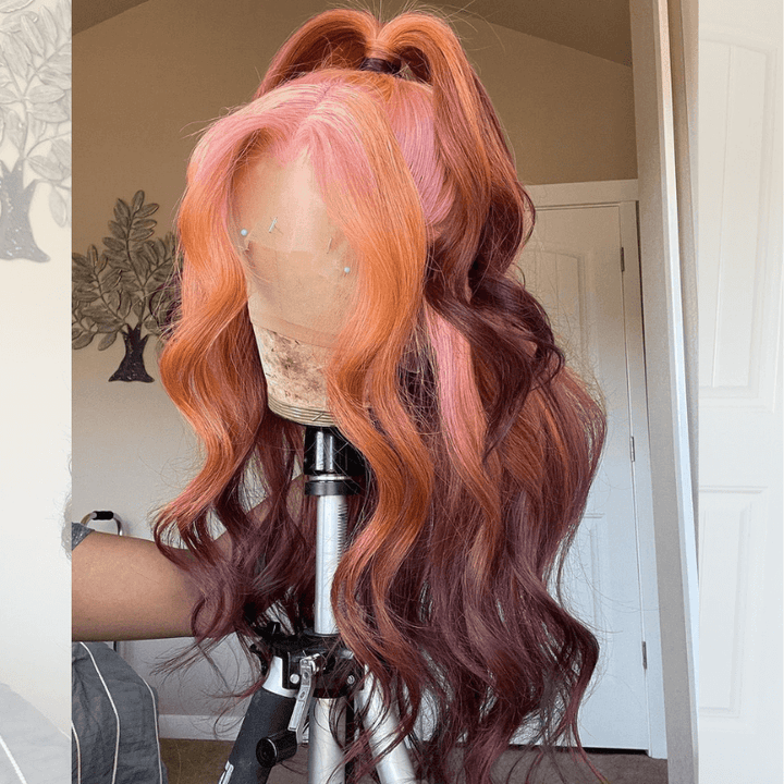 SZC Ombre Pink Ginger Orange Chocolate Brown HD Lace Front Human Hair Wig