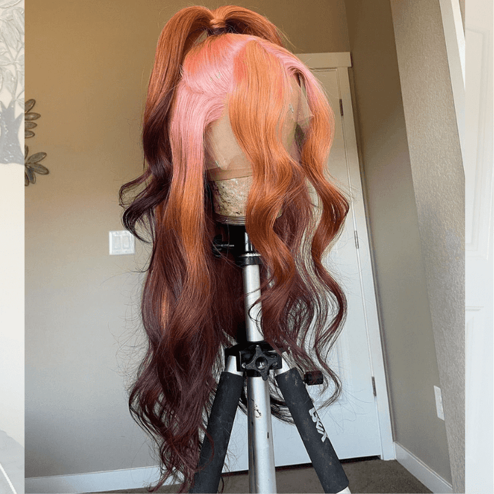 SZC Ombre Pink Ginger Orange Chocolate Brown HD Lace Front Human Hair Wig