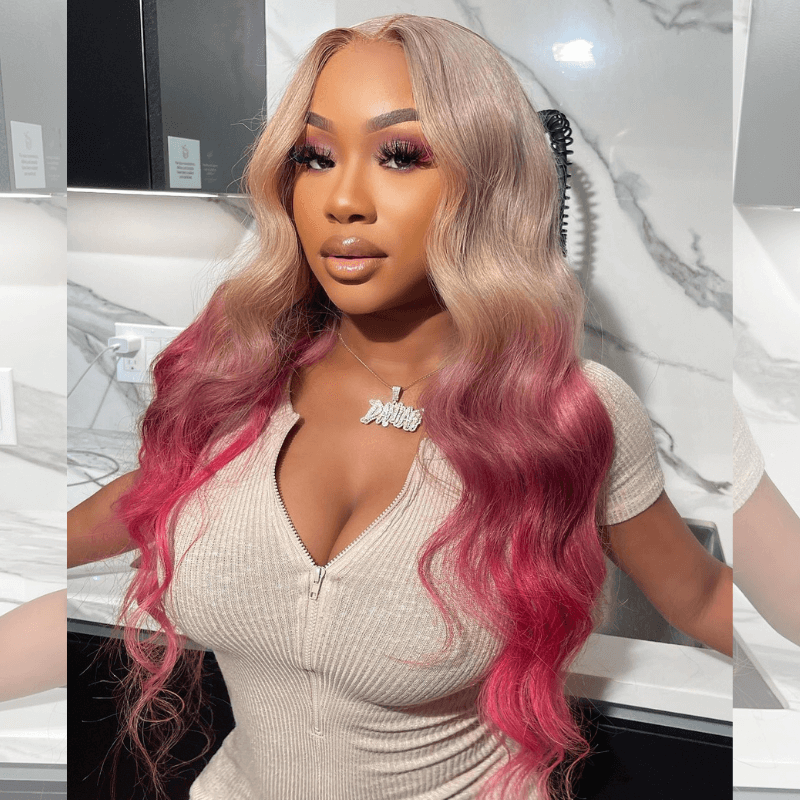 SZC Ombre Platinum Blonde Rose Gold Pink Lace Front Virgin Huamn Hair Wigs