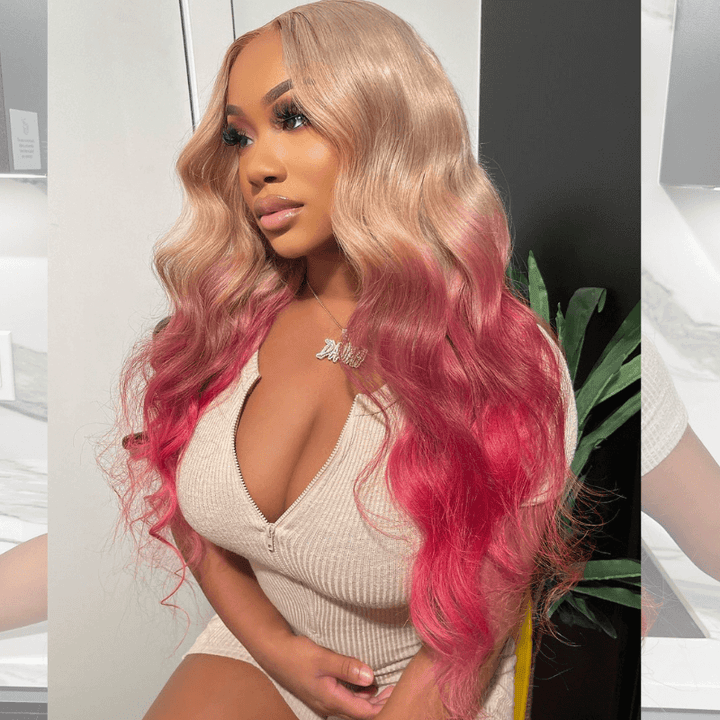 SZC Ombre Platinum Blonde Rose Gold Pink Lace Front Virgin Huamn Hair Wigs