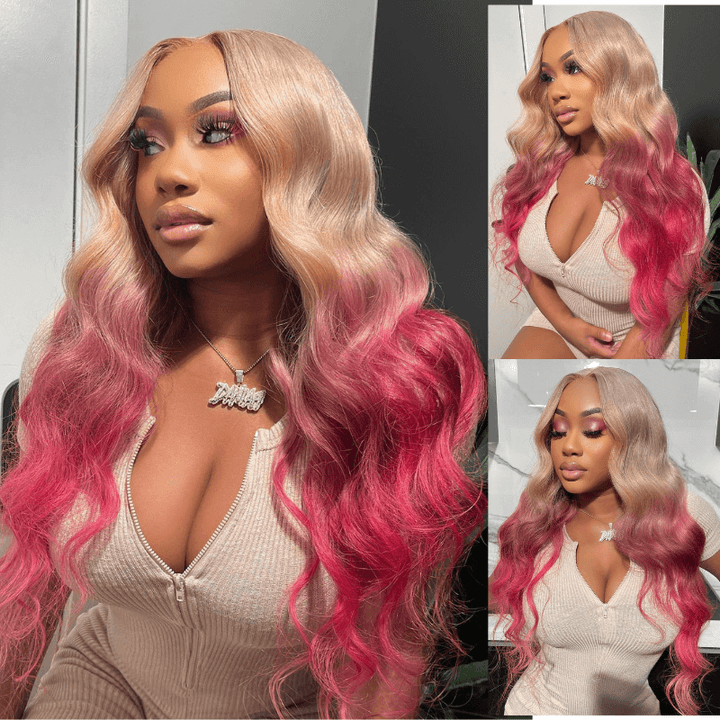 SZC Ombre Platinum Blonde Rose Gold Pink Lace Front Virgin Huamn Hair Wigs