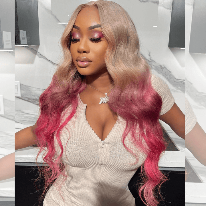 SZC Ombre Platinum Blonde Rose Gold Pink Lace Front Virgin Huamn Hair Wigs