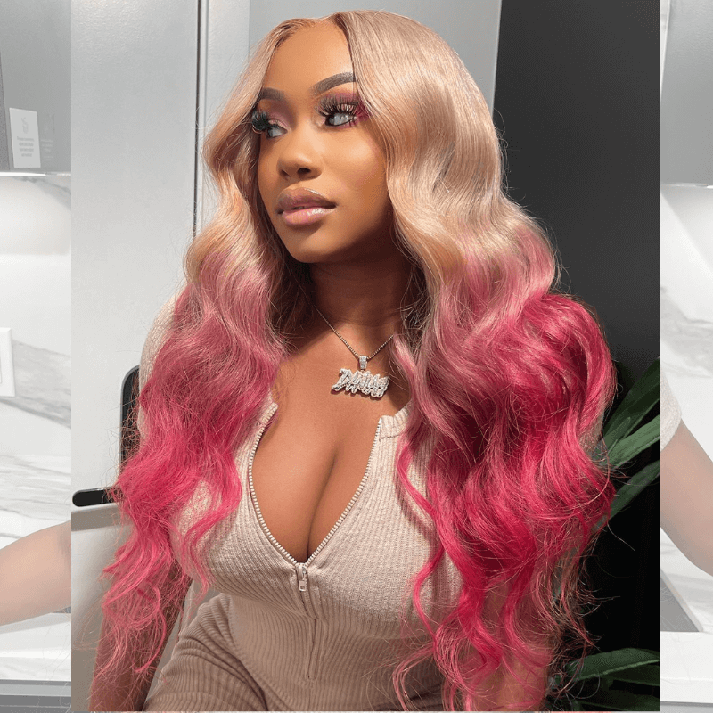 SZC Ombre Platinum Blonde Rose Gold Pink Lace Front Virgin Huamn Hair Wigs