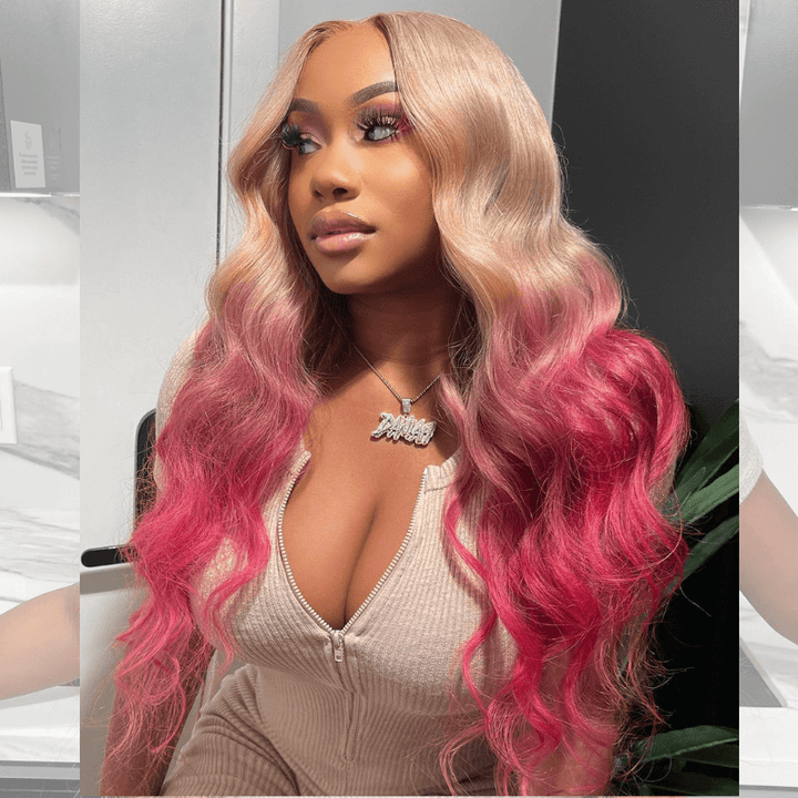 SZC Ombre Platinum Blonde Rose Gold Pink Lace Front Virgin Huamn Hair Wigs