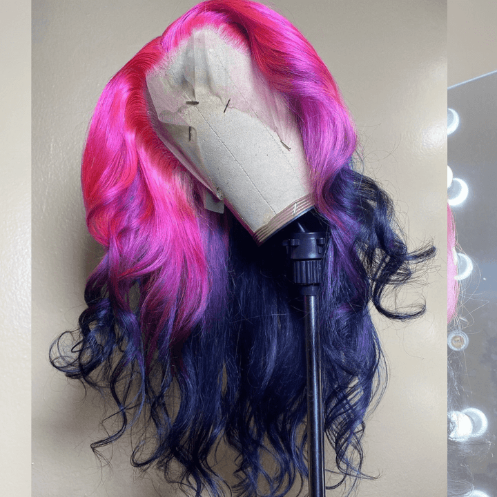 SZC Ombre Purple Red Black Straight Body Wave HD Lace Front Human Hair Wig