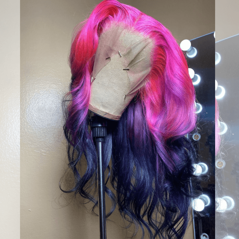 SZC Ombre Purple Red Black Straight Body Wave HD Lace Front Human Hair Wig