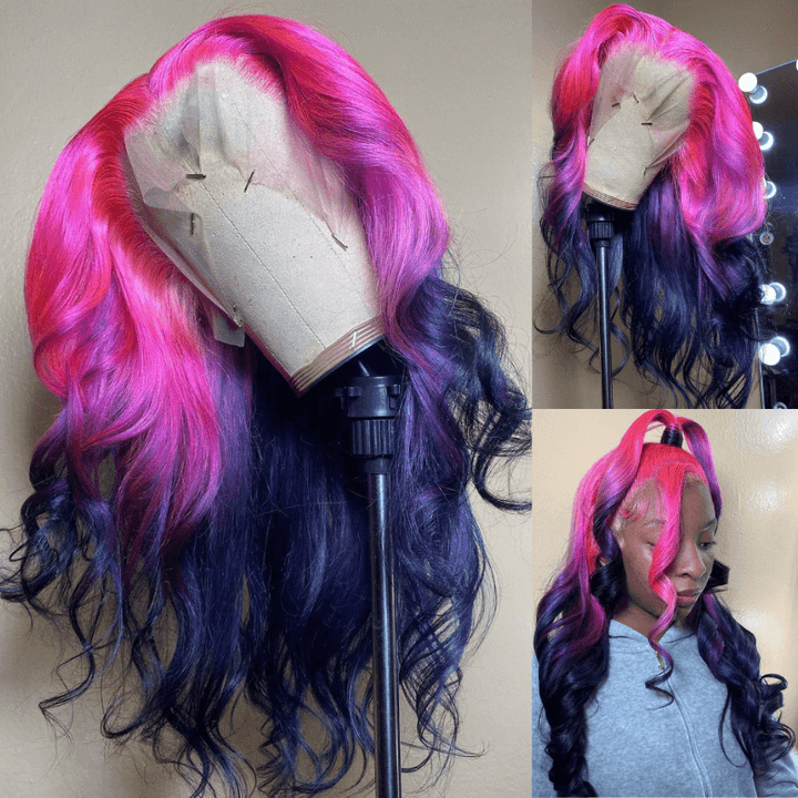 SZC Ombre Purple Red Black Straight Body Wave HD Lace Front Human Hair Wig