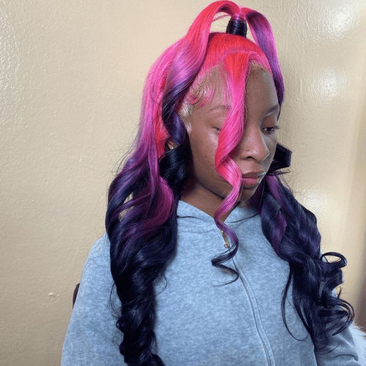 SZC Ombre Purple Red Black Straight Body Wave HD Lace Front Human Hair Wig