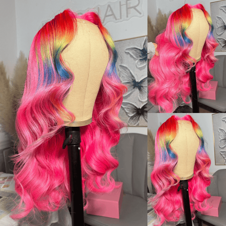 SZC Ombre Red Yellow Blue Hot Pink Highlight HD Lace Front Human Hair Wigs