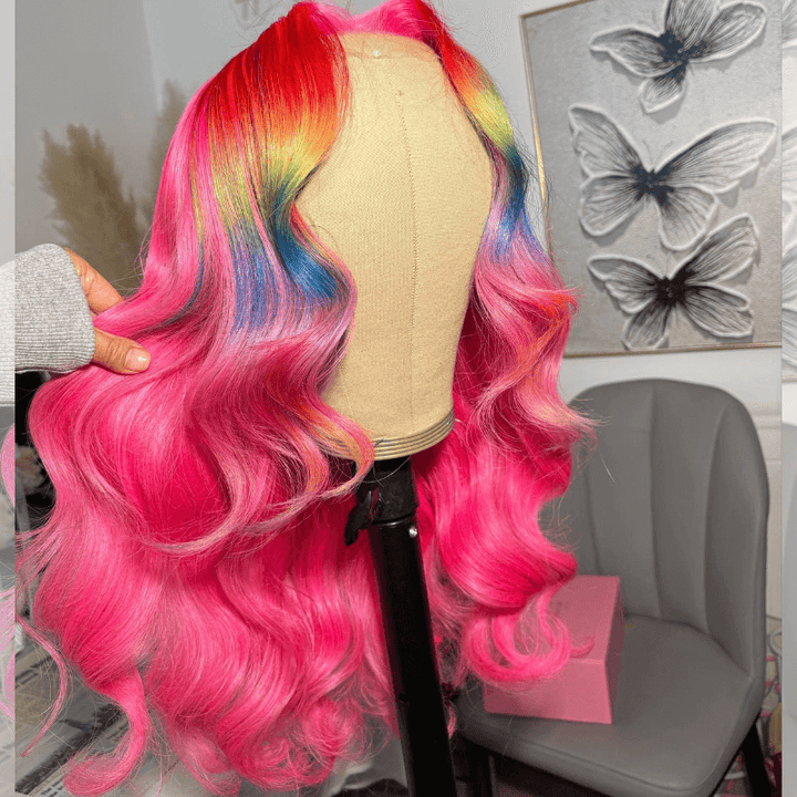 SZC Ombre Red Yellow Blue Hot Pink Highlight HD Lace Front Human Hair Wigs