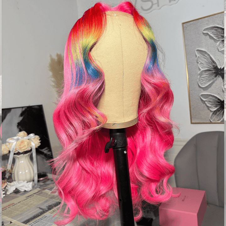 SZC Ombre Red Yellow Blue Hot Pink Highlight HD Lace Front Human Hair Wigs