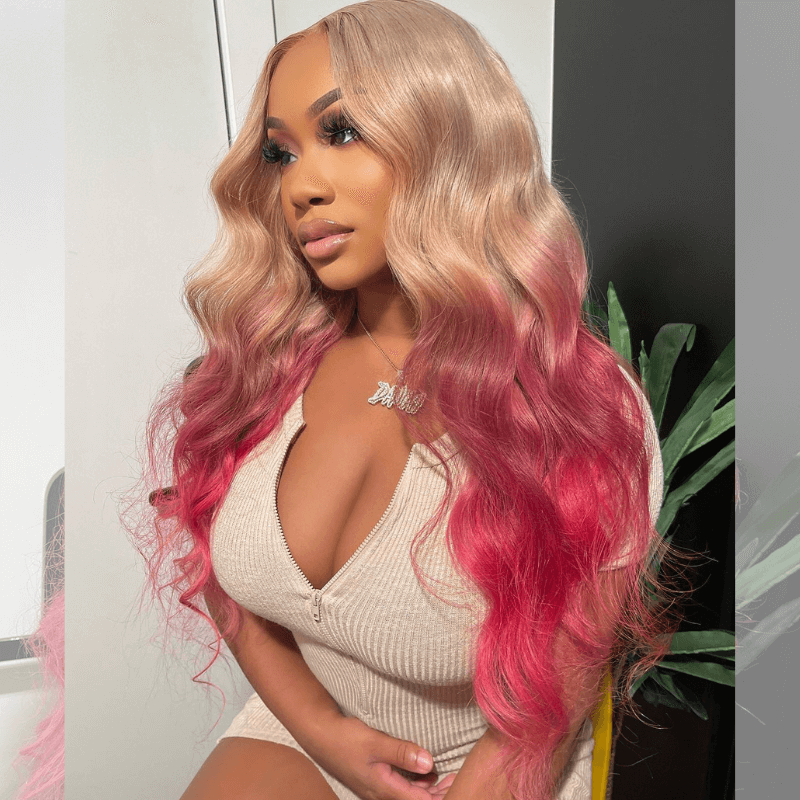 SZC Ombre Strawberry Blonde Hot Pink Red Body Wave Virgin Human Hair Wigs