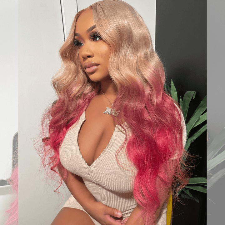 SZC Ombre Strawberry Blonde Hot Pink Red Body Wave Virgin Human Hair Wigs