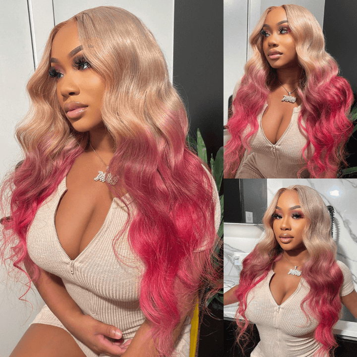 SZC Ombre Strawberry Blonde Hot Pink Red Body Wave Virgin Human Hair Wigs