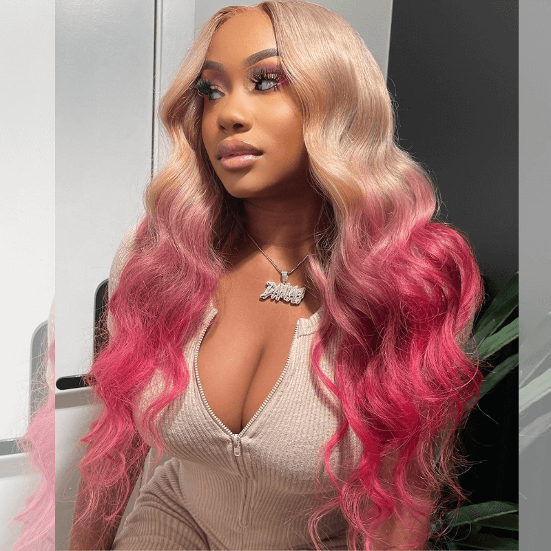 SZC Ombre Strawberry Blonde Hot Pink Red Body Wave Virgin Human Hair Wigs