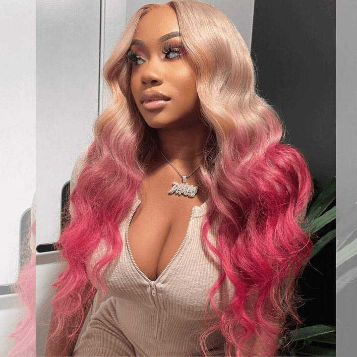 SZC Ombre Strawberry Blonde Hot Pink Red Body Wave Virgin Human Hair Wigs