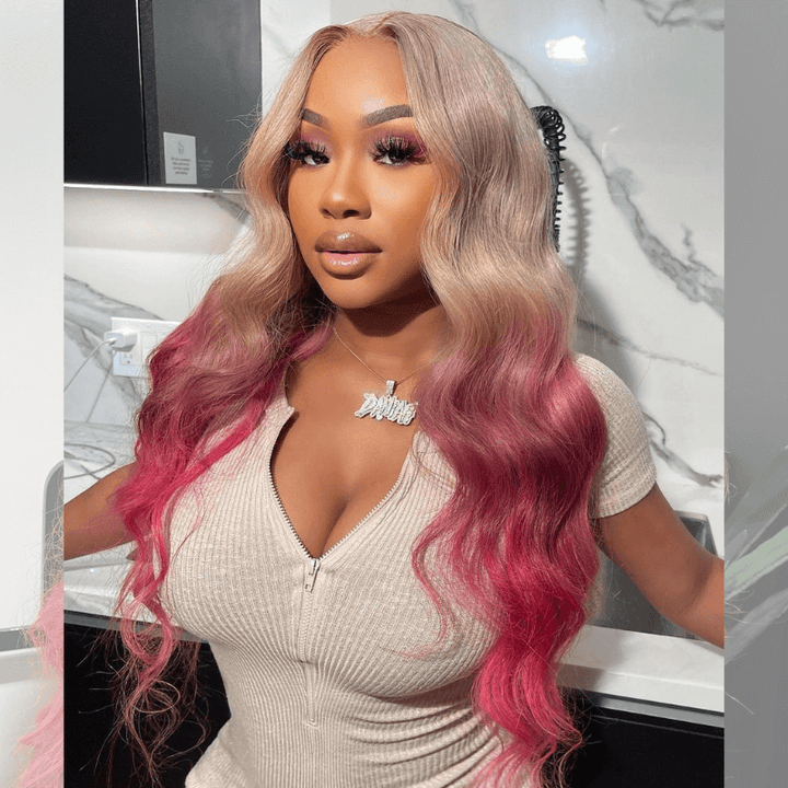 SZC Ombre Strawberry Blonde Hot Pink Red Body Wave Virgin Human Hair Wigs