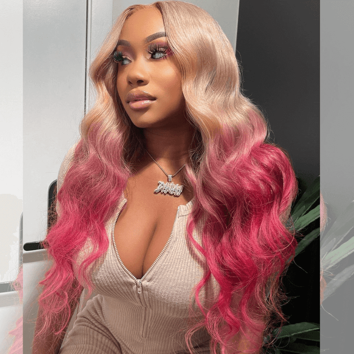 SZC Ombre Strawberry Blonde Hot Pink Red Body Wave Virgin Human Hair Wigs