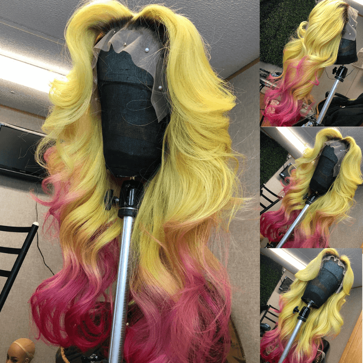 SZC Ombre Yellow Hot Pink With Dark Roots Body Wave Human Hair Wigs