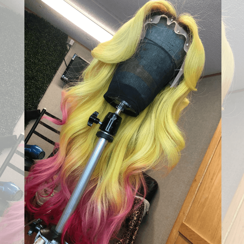 SZC Ombre Yellow Hot Pink With Dark Roots Body Wave Human Hair Wigs