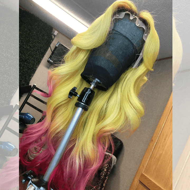 SZC Ombre Yellow Hot Pink With Dark Roots Body Wave Human Hair Wigs