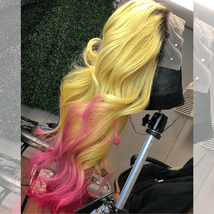 SZC Ombre Yellow Hot Pink With Dark Roots Body Wave Human Hair Wigs
