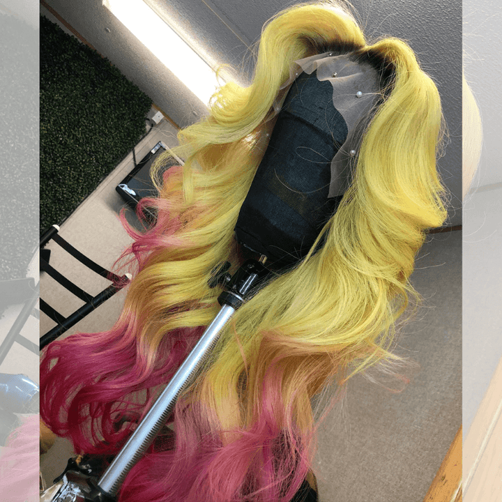 SZC Ombre Yellow Hot Pink With Dark Roots Body Wave Human Hair Wigs
