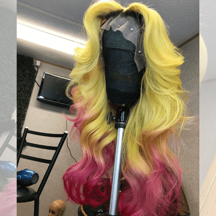 SZC Ombre Yellow Hot Pink With Dark Roots Body Wave Human Hair Wigs