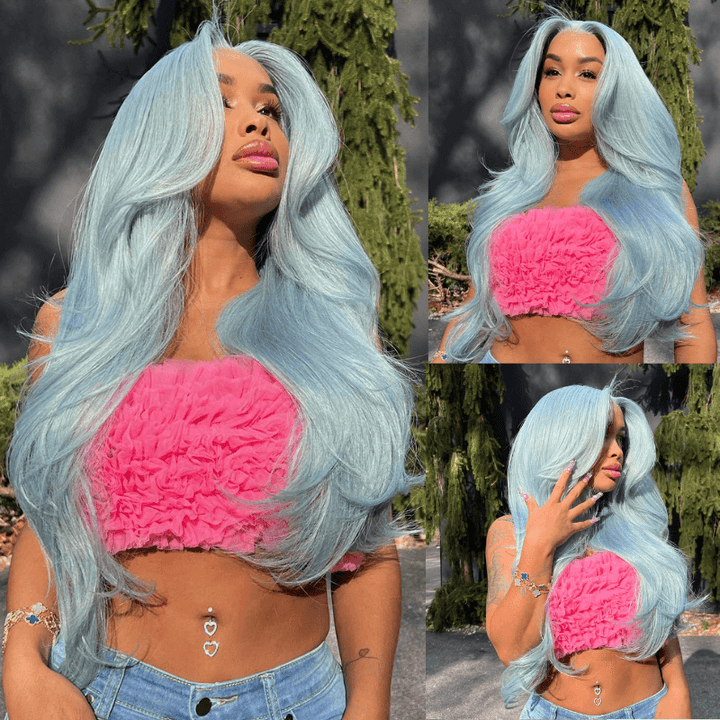 SZC Pastel Icy Sky Light Blue 13X4 HD Lace Front Virgin Human Hair Wig