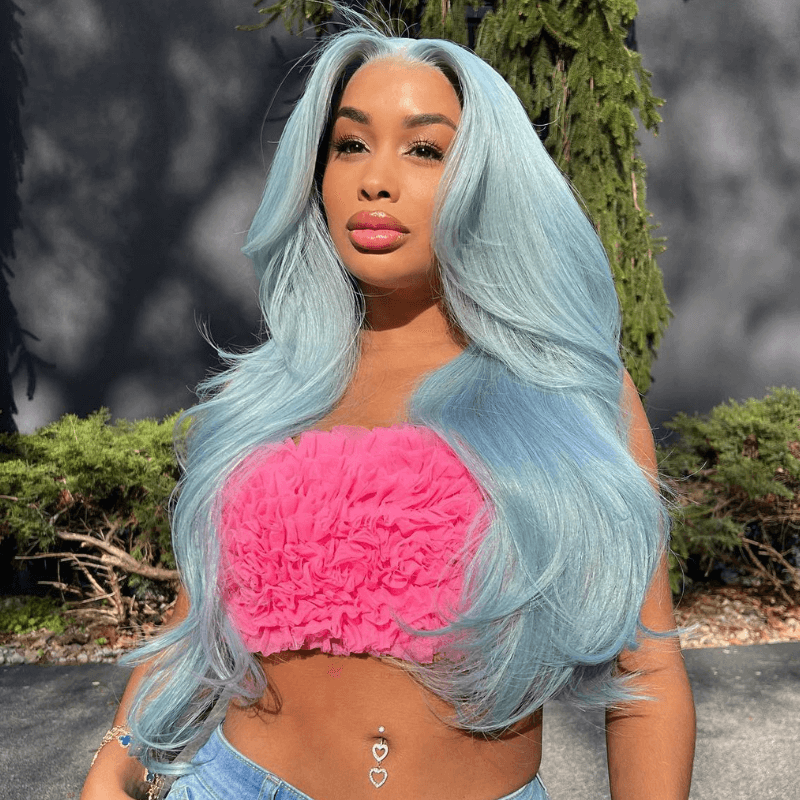 SZC Pastel Icy Sky Light Blue 13X4 HD Lace Front Virgin Human Hair Wig
