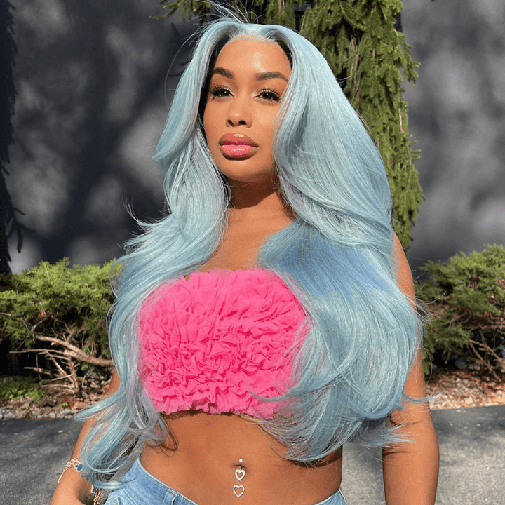 SZC Pastel Icy Sky Light Blue 13X4 HD Lace Front Virgin Human Hair Wig