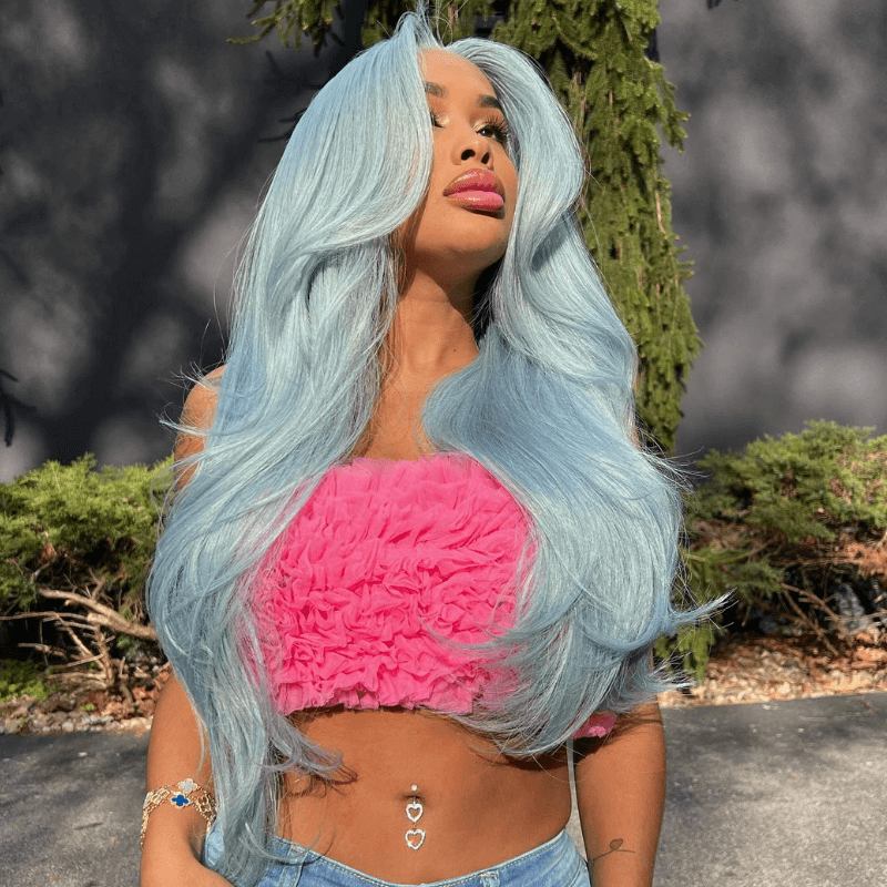 SZC Pastel Icy Sky Light Blue 13X4 HD Lace Front Virgin Human Hair Wig