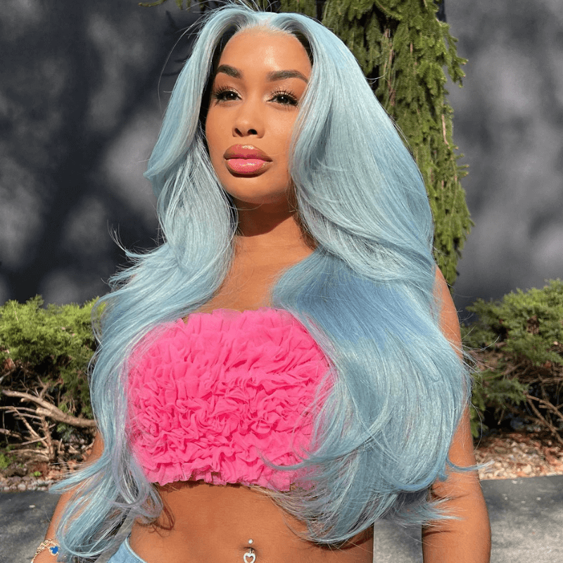 SZC Pastel Icy Sky Light Blue 13X4 HD Lace Front Virgin Human Hair Wig