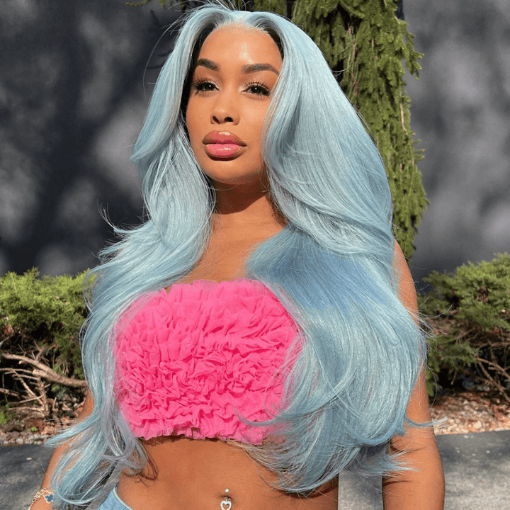 SZC Pastel Icy Sky Light Blue 13X4 HD Lace Front Virgin Human Hair Wig