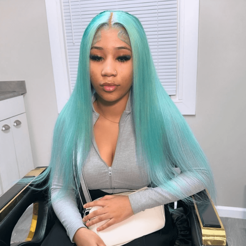 SZC Pastel Mint Green Bone Straight 13x4 HD Lace Front Human Hair Wigs