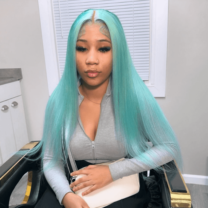 SZC Pastel Mint Green Bone Straight 13x4 HD Lace Front Human Hair Wigs