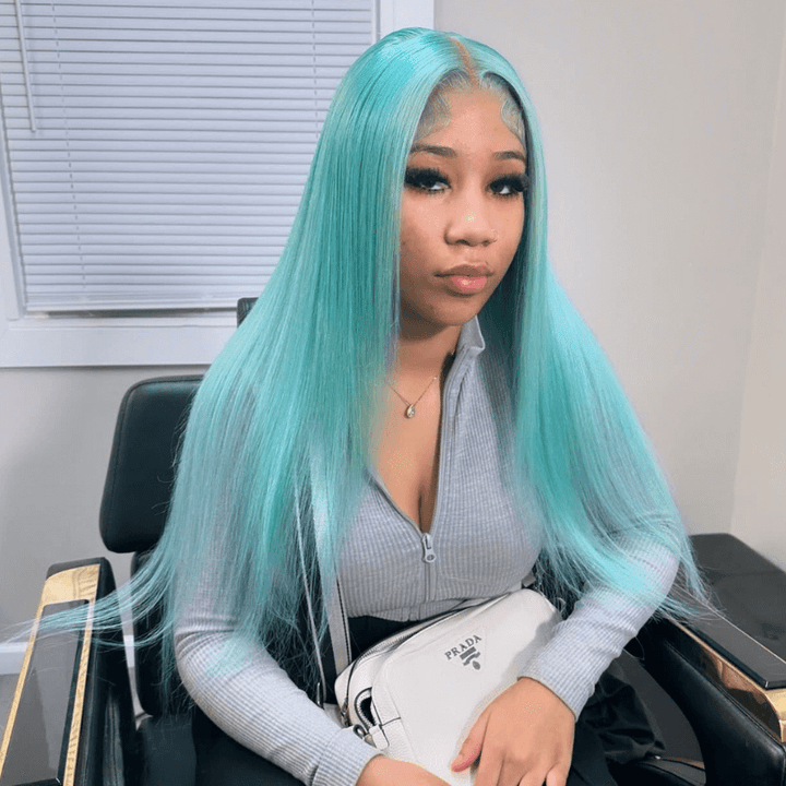 SZC Pastel Mint Green Bone Straight 13x4 HD Lace Front Human Hair Wigs